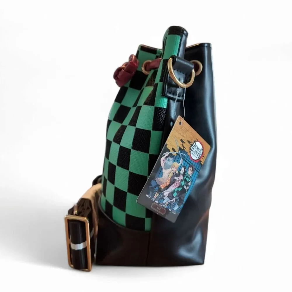 Demon Slayer Kimetsu no Yaiba Tanjiro Green & Black Checker Crossbody Bucket Bag